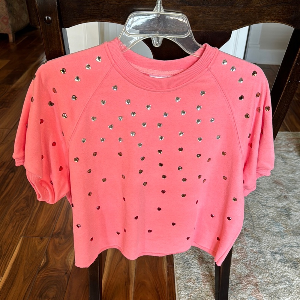 Queen of Sparkles peach crop top with rhinestones, size small-never worn